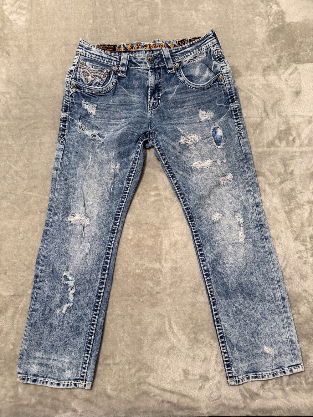 Rock Revival Men's Distressed Straight Leg Acid Wash Jeans Size 32